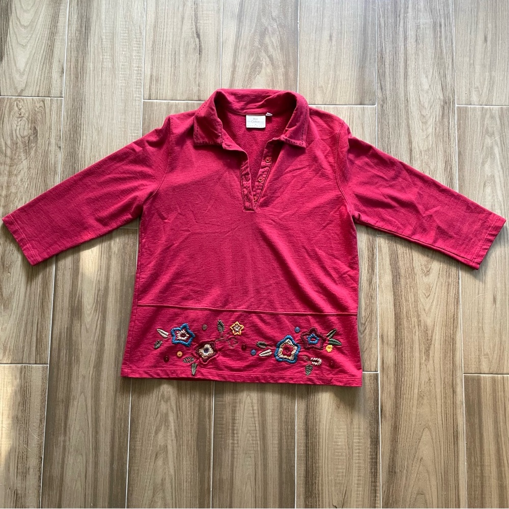 VTG HOT COTTON by MARC WARE Red Embroidered Floral Collared Women's Top Size S